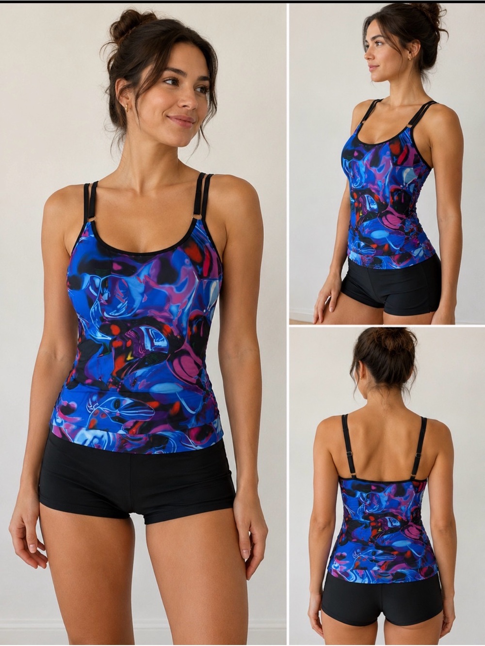 B2PRITY tankini swimsuit size small NWT blue purple abstract print swim shorts